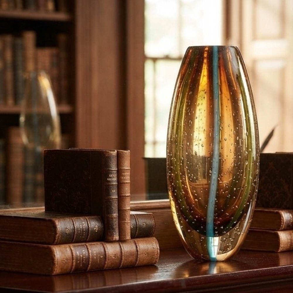 Art Glass Sommerso Pier One Vase Amber Blue Controlled Bubble MCM Style